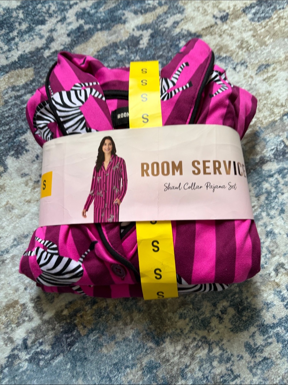 Room Service Women's Shawl Collar Pajama Set in Hot Pink Zebra